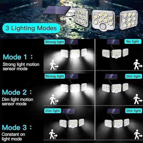 Outside 3 mode Solar Outdoor Lights 2000LM 177 LED Security Lights with Remote Control, 3 Heads Motion Sensor Lights, IP65 Waterproof, 270° Wide Angle Flood Wall Lights -white Shade