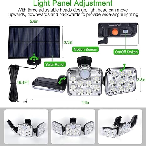 Outside 3 mode Solar Outdoor Lights 2000LM 177 LED Security Lights with Remote Control, 3 Heads Motion Sensor Lights, IP65 Waterproof, 270° Wide Angle Flood Wall Lights -white Shade