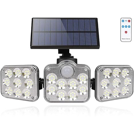 Outside 3 mode Solar Outdoor Lights 2000LM 177 LED Security Lights with Remote Control, 3 Heads Motion Sensor Lights, IP65 Waterproof, 270° Wide Angle Flood Wall Lights -white Shade
